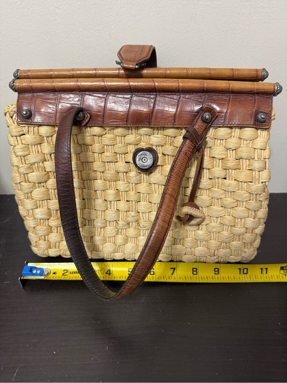 VTG Brighton Ruth Woven Straw Leather Dr Satchel Purse EUC - Picture 9 of 11